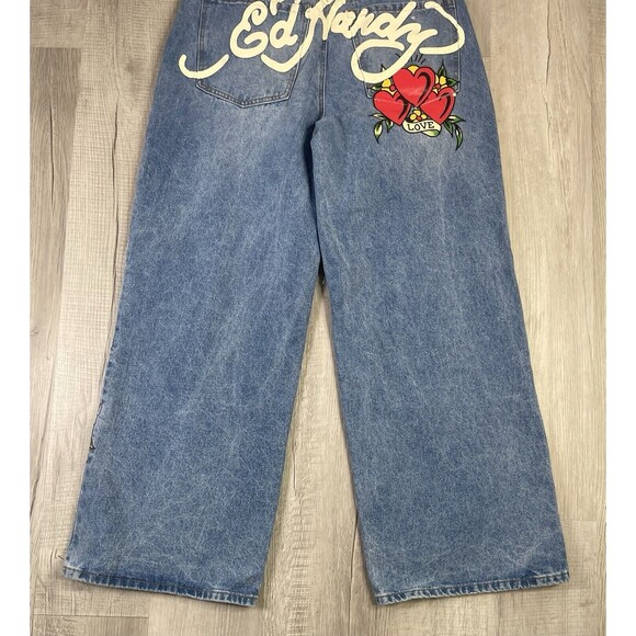 Ed Hardy Heart Dagger Love Wide Leg Loose Fit Retro Light Jeans Size 32 Y2K R - Picture 3 of 11